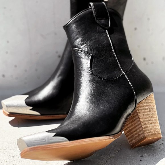 NEW Black PU Leather Metal Cap Toe Block Heel Cowgirl Cowboy Western Ankle Boots - Picture 7 of 14